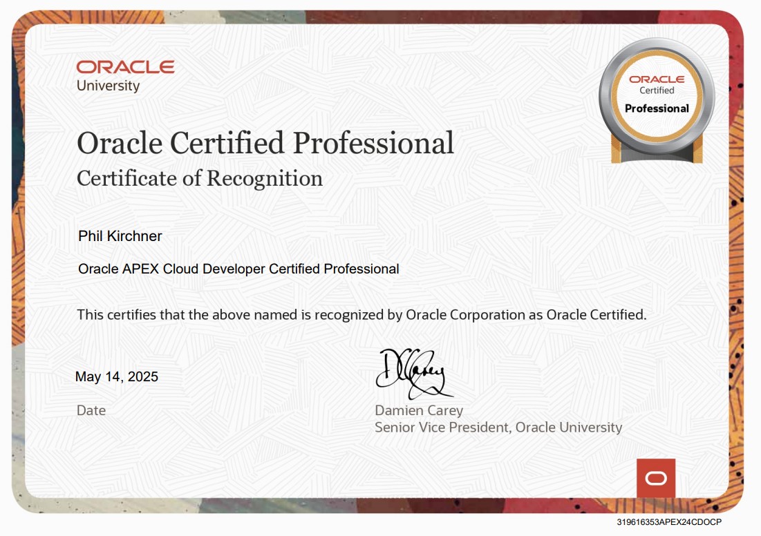 Oracle Certified Professional Certificate of Recognition