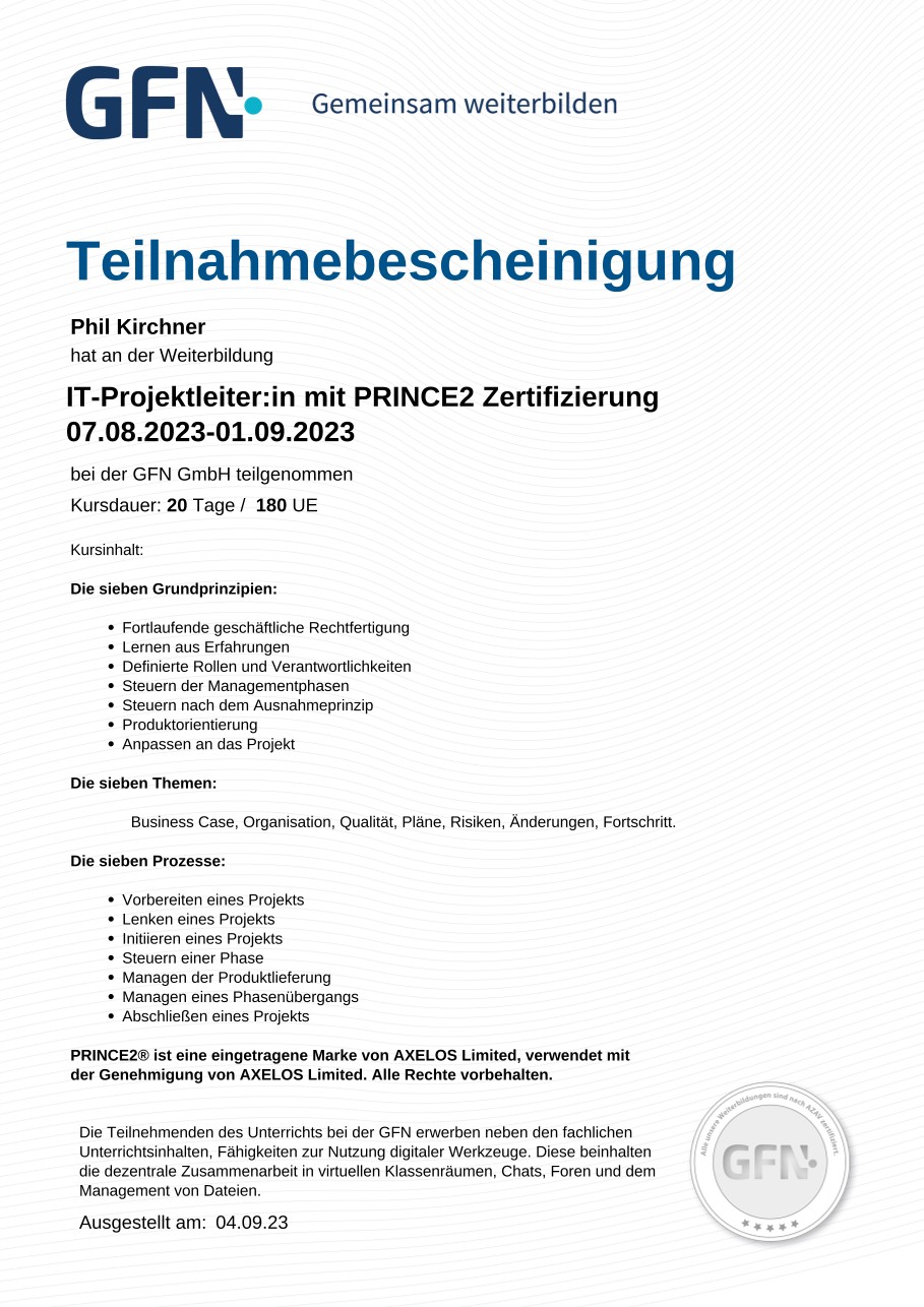 GFN Teilnahmebescheinigung PRINCE2 Zertifizierung