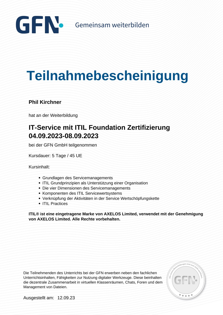 GFN Teilnahmebescheinigung ITIL Foundation Zertifizierung